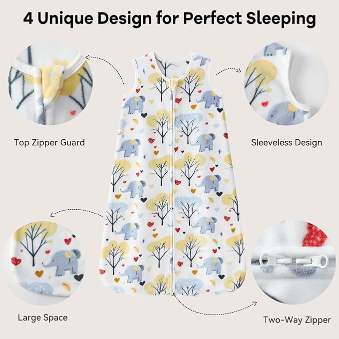 Unnivoll Fleece Baby Sleep Sack 18-24 Months 1.0 Tog Baby Wearable Blanket Microfleece Sleeping Sack with 2-Way Zipper for Toddler Infant Yellow & White Elephant