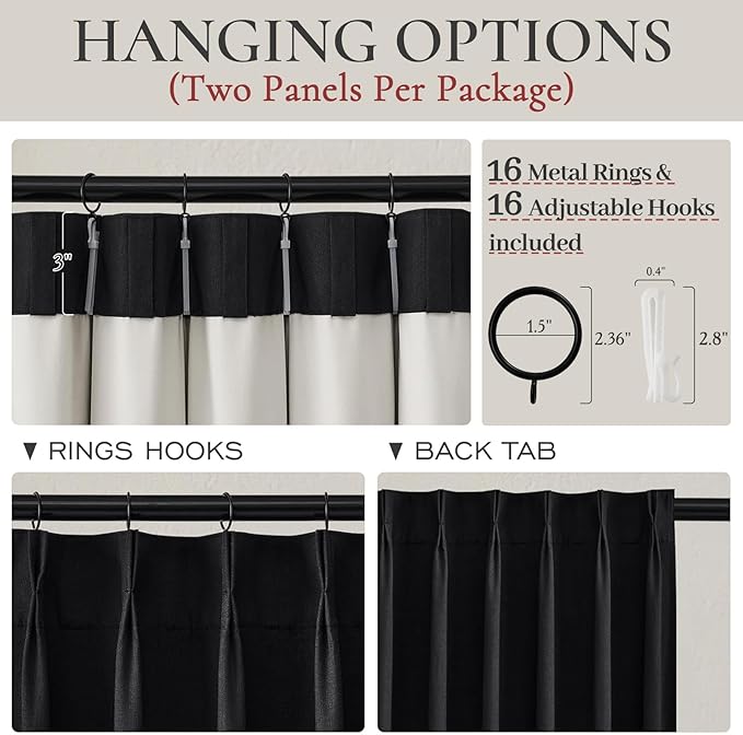 Long Black Blackout Boho Curtains, Linen Darkening Curtains for Bedroom/Nursery 102 Inches Long 2 Panels Pinch Pleated Drapes for 103 Inch Large Window Aesthetic Thermal Insulated 40x102 Inch