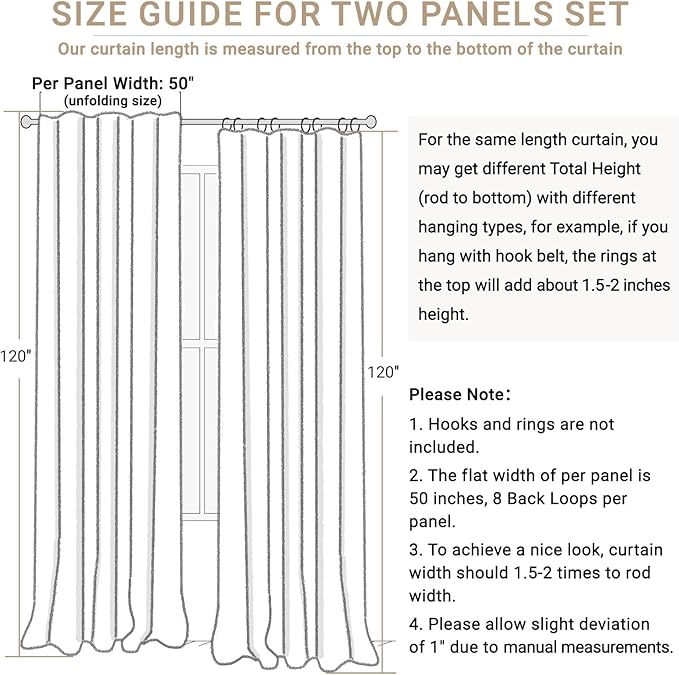 100% Blackout Shield Linen Blackout Curtains for Bedroom 120 Inches Long, Back Tab/Rod Pocket Living Room Drapes, Thermal Insulated Blackout Curtains 2 Panels Set, 50" W x 120" L, Light Cream