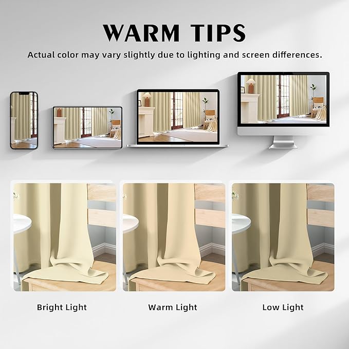 100% Blackout Curtains 95 Inch Length for Bedroom Living Room, Grommet Thermal Insulated Room Darkening Drapes, Light Blocking Window Treatment Decor, 2 Panels, 54x95, Beige