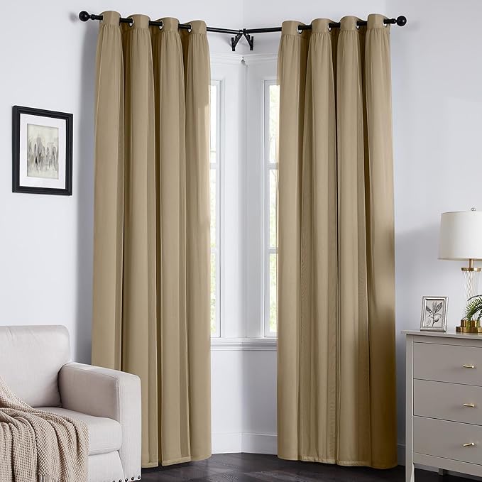 100% Blackout Curtains for Bedroom, Double Layer Khaki Curtains, Black Out Curtain 84 inch Long with Sheer Overlay for Living Room, Room Darkening Window Drapes with Grommet, 52" W x 84" L