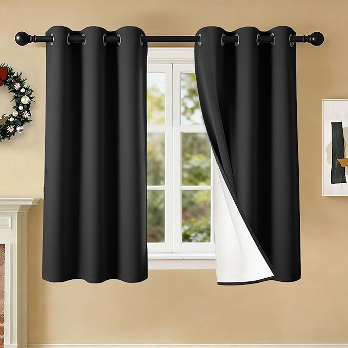 100% Blackout Curtains 54 Inch Length for Bedroom Living Room, Grommet Thermal Insulated Room Darkening Drapes, Light Blocking Window Treatment Decor, 2 Panels, 37x54, Black