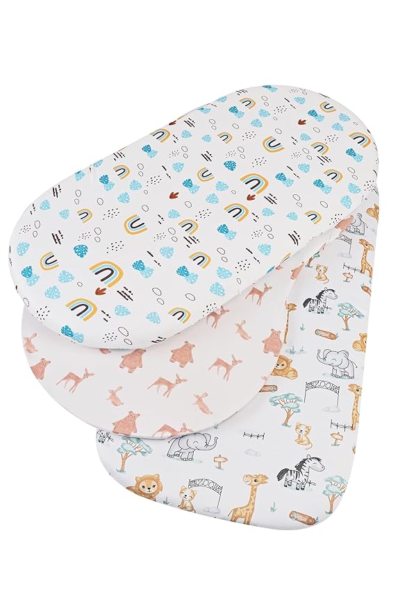 Onacosht Bassinet Sheets 3 Pack Fitted for Baby Boy and Girl, Stretchy Soft Knitted Baby Sheet Set Universal for Oval Rectangle and Hourglass Bassinet Mattress, Unisex Cute Animal Printing