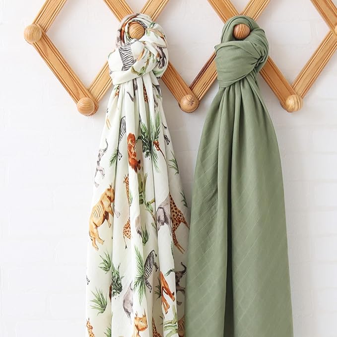 LifeTree Muslin Swaddle Blankets, Woodland Baby Swaddling Receiving Blanket for Boys & Girls, 70% Viscose from Bamboo and 30% Cotton, Large 47 x 47 inches Safari Jungle/Olive Green