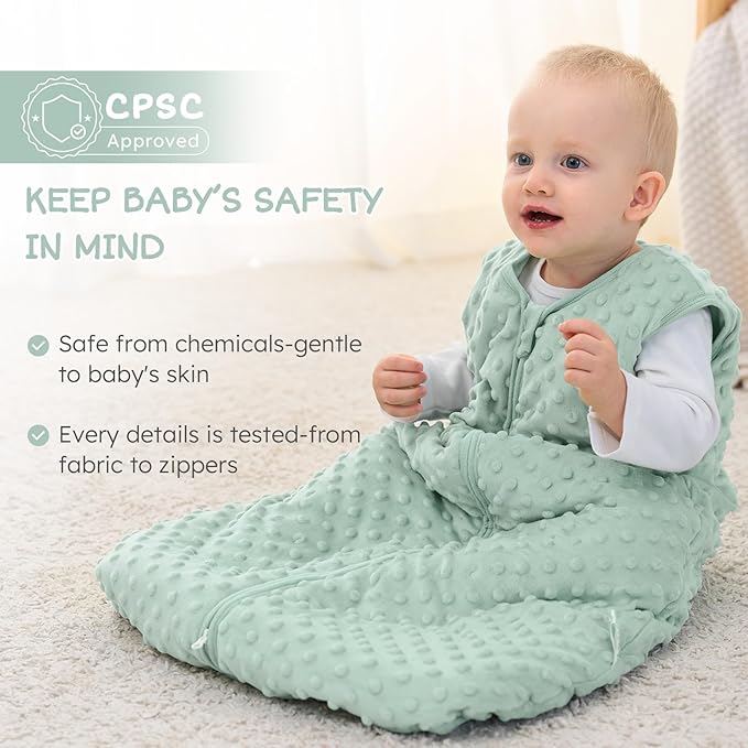 FILLEEP Fleece Baby Sleep Sack 18-24 Months with Plush Dots, Winter Baby Wearable Blanket for Infant Toddler Sleeping Sack 2-Way Zipper Warm Sleepsack, Green