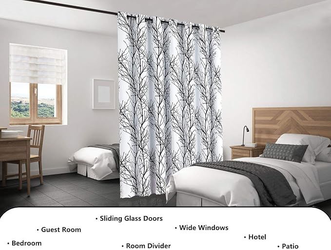 FMFUNCTEX 100% Blackout Patio Sliding Glass Door Curtains 96 Inch Long for Bedroom, Black on White Tree Branch Patterned Drapes for Living Room Divider, Extra Wide Thermal Insulated Panels, Grommet