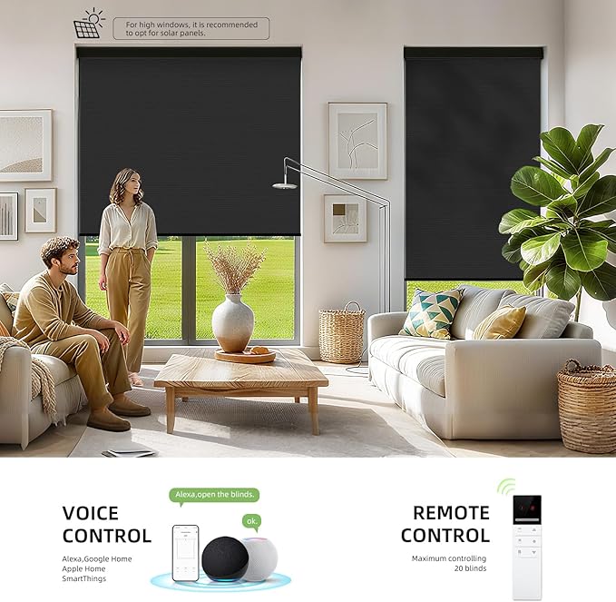 ZSTARR Motorized Smart Blind for Window with Remote Control, Automatic Blackout Roller Shade Customizable Size,with Valance Child Safety Rechargeable Battery Blinds (Full Blackout Black)