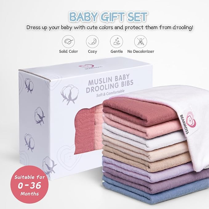 Bearmoss Baby Muslin Drooling Bibs 100% Cotton Square Adjustable Bibs Gift for Baby Girls Boys Teething Drool 8 Pack
