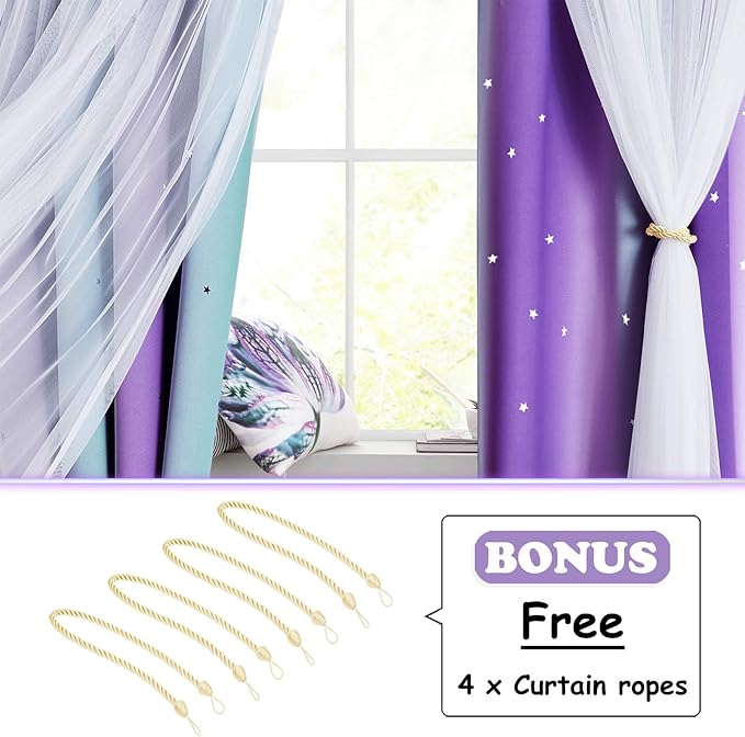 NICETOWN Blackout Stars Kids Curtains for Girls Bedroom Aesthetic Decor Colorful Cute Double Layer Star Cut Out Stripe Rainbow Curtains for Nursery, 2 Panels, W34 x L63 Inches, Teal & Purple