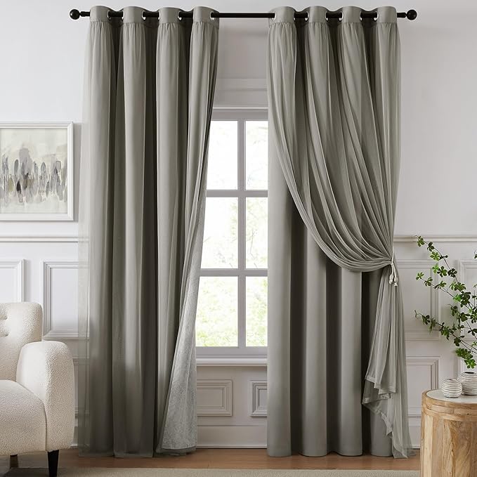100% Blackout Curtains for Bedroom, Double Layer Grey Curtains, Black Out Curtain 63 inch Long with Sheer Overlay for Living Room, Room Darkening Window Drapes with Grommet, 52" W x 63" L