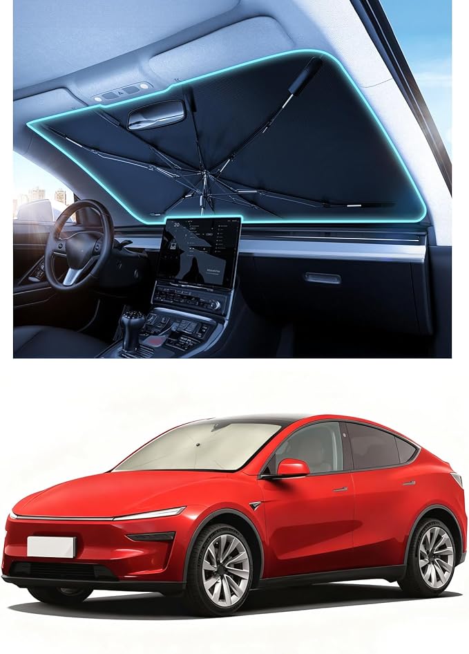 Windshield Sun Shade Umbrella – Custom-Fit for Model Y Juniper Performance, Vinyl Coating Heat Shield, 99% UV Blocking, Protects Interior & Touchscreen, Ice Crystal Cooling Material