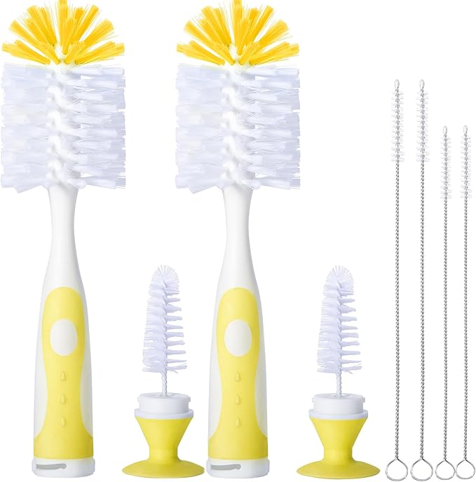 CAREBABYMORE 2 Pack Baby Bottle Brush with 4 Pack Straw Brushes, 10.2" Nylon Brushe with Nipple Cleaner and Stand Suction Cup, Yellow