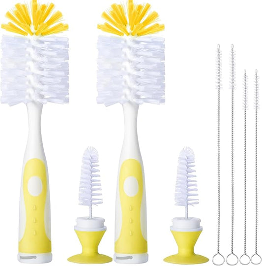 CAREBABYMORE 2 Pack Baby Bottle Brush with 4 Pack Straw Brushes, 10.2" Nylon Brushe with Nipple Cleaner and Stand Suction Cup, Yellow