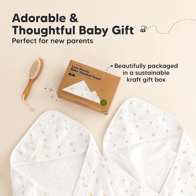 KeaBabies Muslin Baby Bath Towels with Hood for Girls, Boys -Large Organic Cotton Hooded Baby Towels for Newborns,Toddlers,Infant,Kids,Soft Absorbent Newborn Bath Essentials Gift Set(Tulips, Petite)