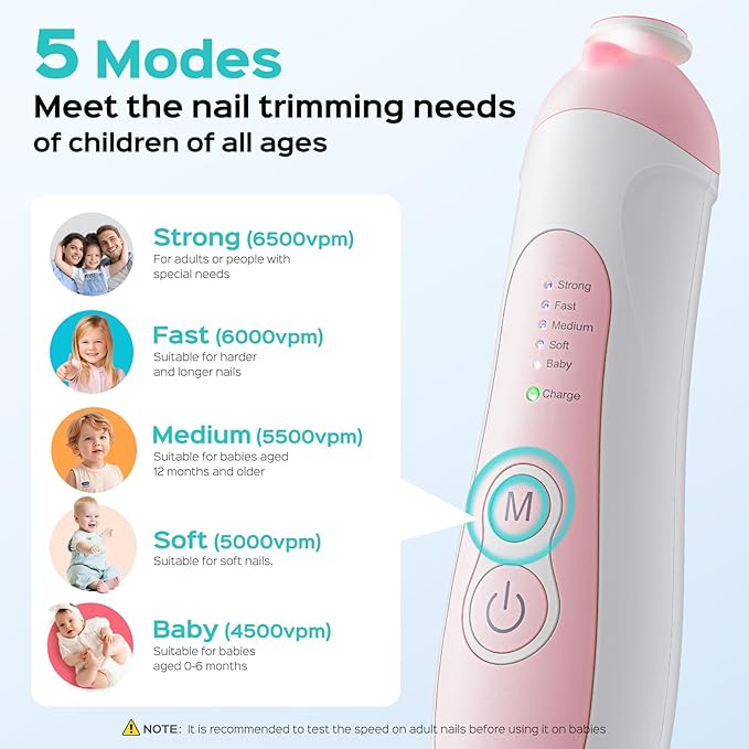 COSLUS Rechargeable Baby Nail File: Cordless Baby Nail Trimmer Electric with 5 Speeds & 6 Grinding Heads for Baby Kid, CPC Certified and Quiet Design - Safe for Sleep Trim Buffer, C52, Pink