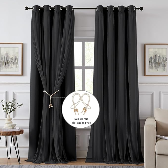 100% Blackout Curtains for Bedroom, Double Layer Black Curtains, Black Out Curtain 63 inch Long with Sheer Overlay for Living Room, Room Darkening Window Drapes with Grommet, 52" W x 63" L