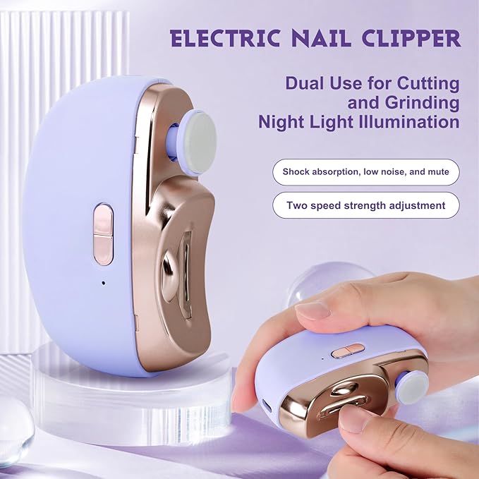 Automatic Nail Clipper Electric Nail Trimmer Polisher 3 in 1 Portable Fingernail Cutter with Light 2 Speeds File Nail Clip Storage Rechargeable Safety Trimmer for Seniors Adults Kids Baby (Purple)