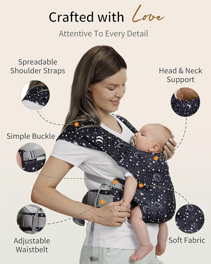 HEYVALUE Baby Carrier Newborn to Toddler(7-35lbs), Ergonomic Cross-Back Wraps with Adjustable Straps, Newborn Carrier with Effortless Put-On, Head Support for Hands-Free Comfort, Black Galaxy