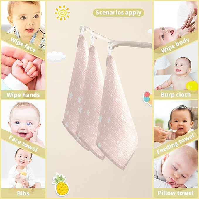 vvfelixl Baby Muslin Washcloths, Moon Star Baby Burp Cloths, Cotton Baby Face Towel for Newborn Infants Boys Girls Soft and Absorbent 11.8 X 11.8 in, 3 Pack Pink