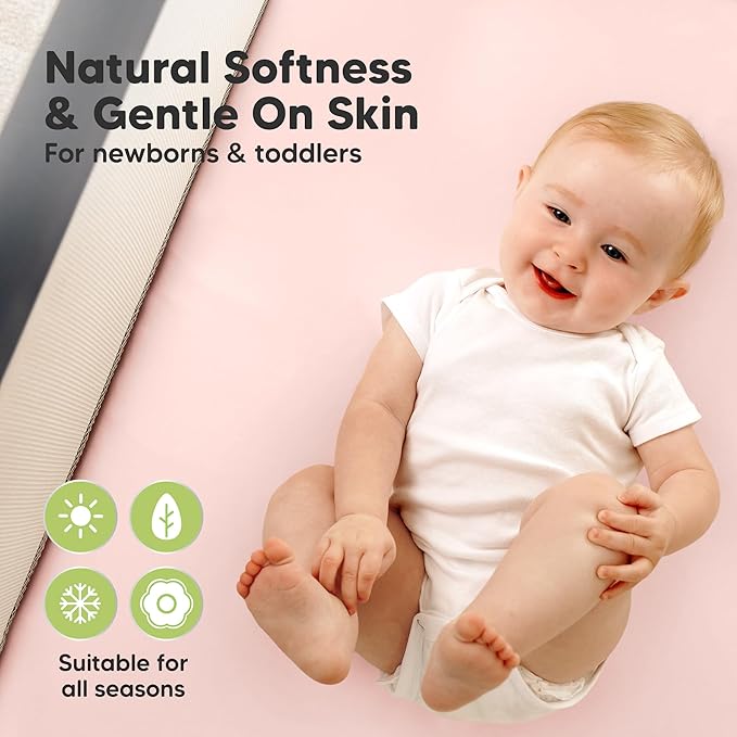 2 Pack and Play Sheets, Waterproof Mini Crib Sheets Fitted - 38x26 Organic Cotton Pack N Play Sheets for Graco Pack and Play Mattress, Playard Baby Crib Sheets,Neutral for Boy,Girl,Toddler(Mist Rose)