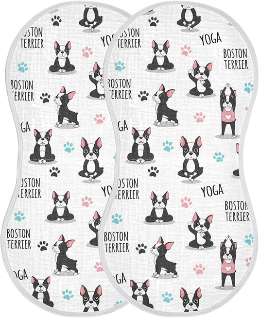 Qinllo 2 Pack Muslin Burp Cloths Dogs Yoga White Cotton Baby Burp Cloths Absorbent Burping Cloth Soft Spit Up Rags for Newborn Baby Boys Girls 22x11 Inch