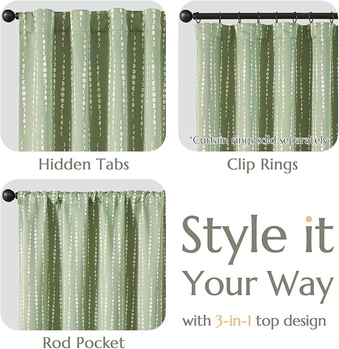 jinchan 95% Blackout Bohemian Moon Phase Print Bedroom Curtains 84 inch Long sage Green Pole Pocket Rear tab Thermal Curtains for Nursery Set 2 Panels