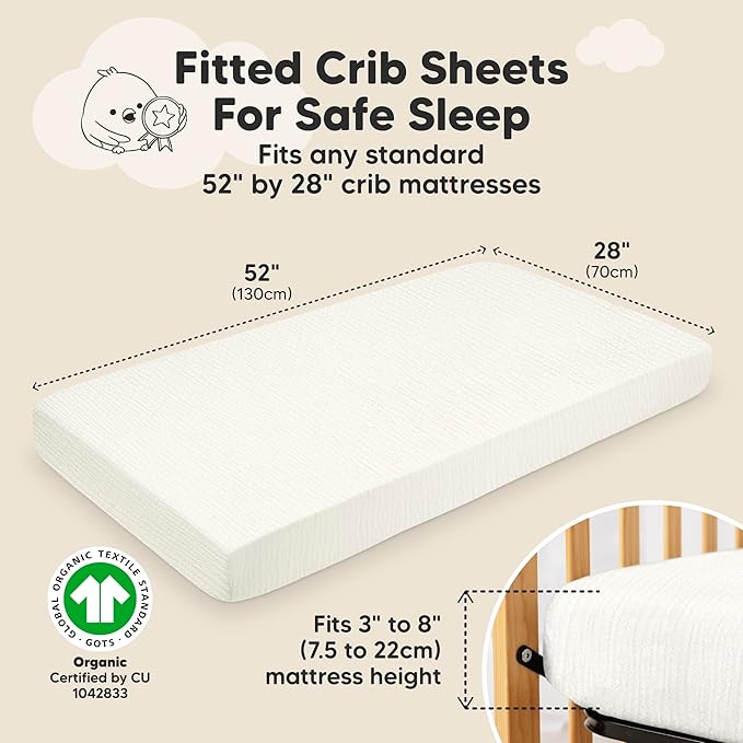 KeaBabies 2-Pack Muslin Crib Sheets for Boys, Girls - 100% Organic Cotton Fitted Baby Crib Mattress Sheet, Soft Breathable Standard Toddler Bed Cover Bedding Set, Neutral, Durable 52x28 (Soft White)
