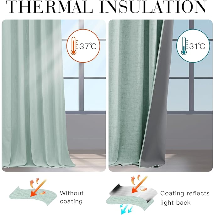 RYB HOME 100% Blackout Linen Textured Curtains 84 inches Long, Thermal Insulating Privacy Energy Saving for Bedroom Living Room Window Office Theater Baby Nursery, W 52 x L 84 in, Aqua, 2 Panels