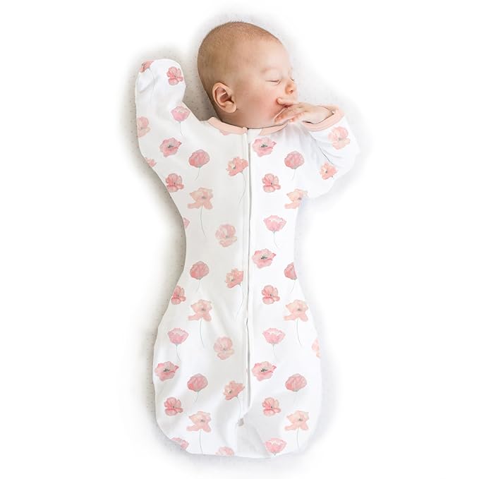 SwaddleDesigns Organic Transitional Swaddle Sack, Arms Up Swaddle with Half-Length Sleeves & Mitten Cuffs, Medium, 3-6 Months, 14-21 lbs, Watercolor Peach Blush Poppies