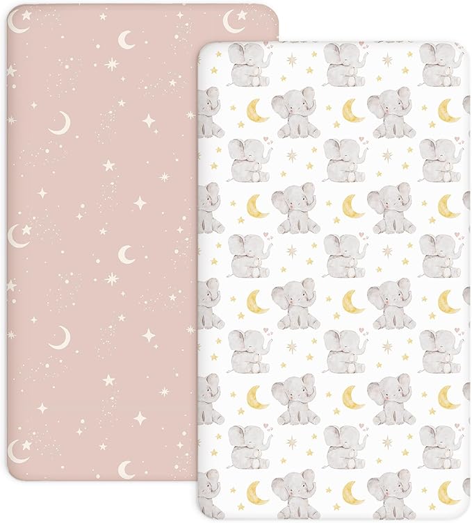 Crib Sheets for Boys and Girls, 2 Pack Fitted Baby Sheets for Standard Toddler Mattress 28" x 52", Soft Breathable Jersey Knit Baby Bedding (Elephant Dream)