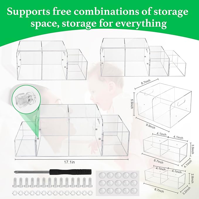 Acrylic Diaper Caddy, Baby Wipes Organizer for Changing Table, Dresser Top Tabletop Organizer with 4 Detachable Compartments, Anti-slip Rubber Feet, Newborn Baby Essentials, Clear