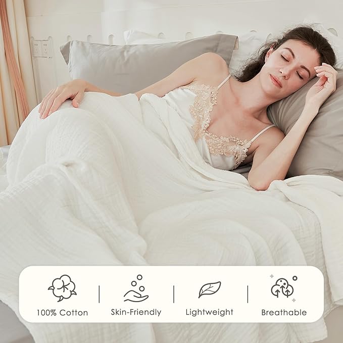EMME Cotton Blanket for Couch Breathable Gauze All Season Soft and Lightweight Muslin White Throw Blankets for Adults (White, 50"x70")