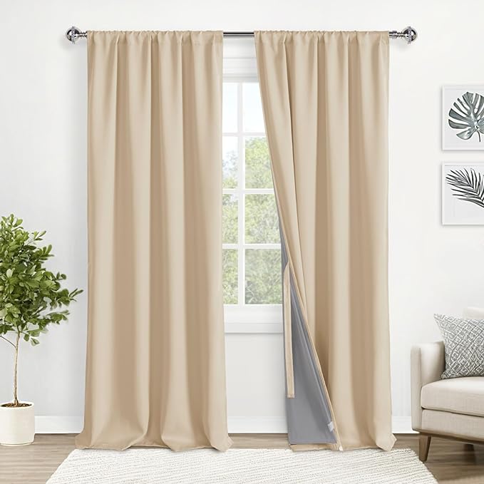 XWZO 100% Blackout Curtain Panels - Double Layer Full Room Darkening and Energy Efficiency Rod Pocket & Back Tab Window Panels with Tiebacks for Living Room, Biscotti Beige, W52 x L108, Set of 2