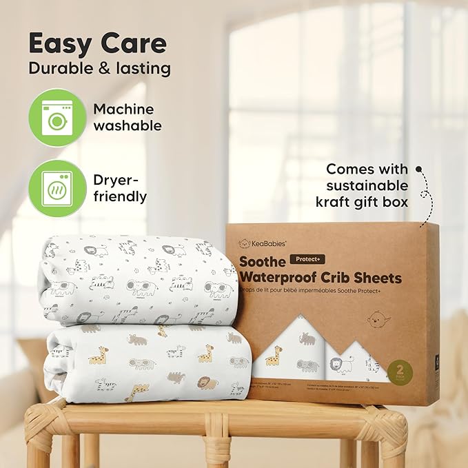 2-Pack Waterproof Crib Sheets for Boys, Girls - 52x28 Fitted Organic Cotton Baby Crib Sheets, Toddler Mattress Protector Cover, Washable, Soft & Durable Baby Bedding Essentials (KeaSafari)