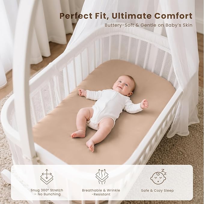 Konssy 3 Pack Stretchy Bassinet Sheets for Baby Girl Boy, Soft Breathable Baby Bassinet Mattress Sheets Fit for Hourglass Oval Cradle, Moses Basket Rectangle Mattress (Flourish)