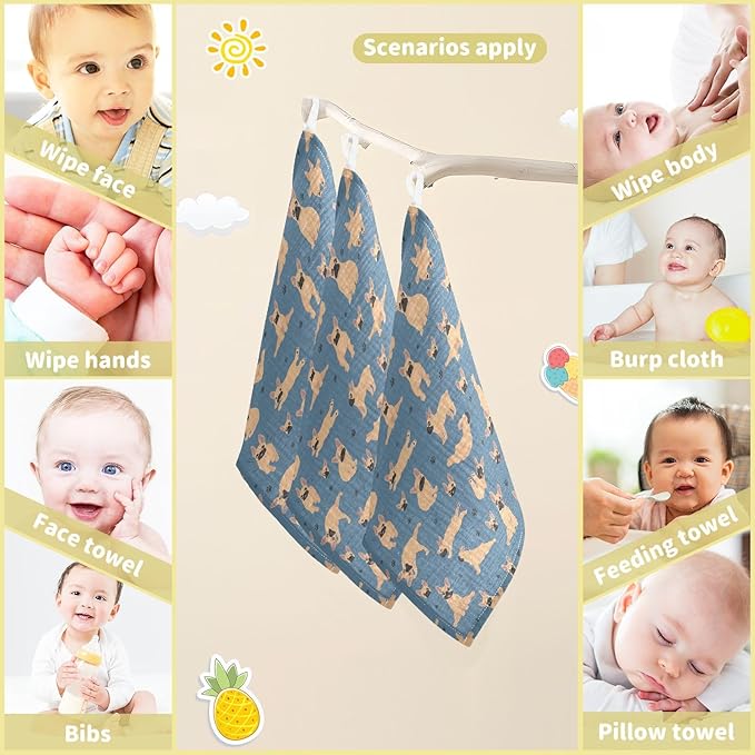 vvfelixl Baby Cotton Washcloths French Bulldog Pug Infants Bath Towel for Unisex Puppy Face Towels for Newborn, Natural Baby Wipes Delicate Skin, 11.8 X 11.8 inch, one sizex3