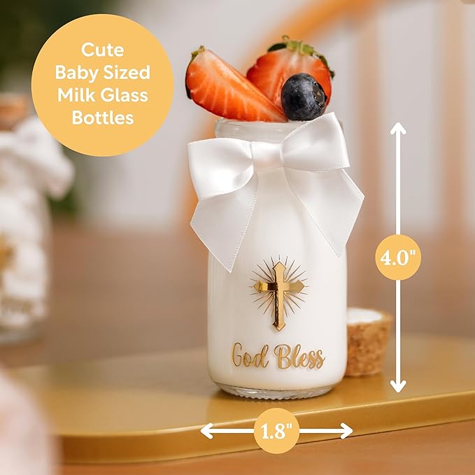 Ethisa Vintage 24 Pack Baptism Glass Bottles with Ribbons and Stickers - Classy God Bless Party Favors for Baptism and 1st Communion - Bautizo Table Centerpiece Decoration - Baby Christening Candy Jar