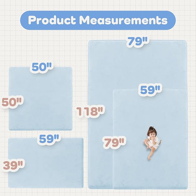 1.5" Thick Baby Play Mat for Floor, 39x59 Playpen Mat, Pro Soft Flannel Foam Mats Toddler Infant Kids Crawling for Nursery Rug Playroom Living Room Waterproof Easy Care Non-Slip (Baby Blue)