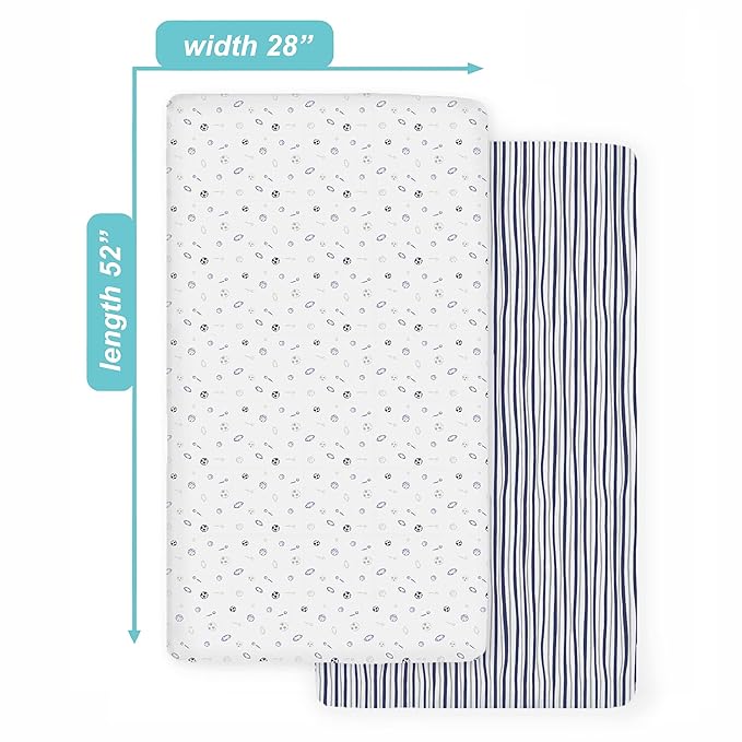 American Baby Company 2 Pack 100% Natural Cotton Fitted Crib Sheets 52" x 28" - Soft, Breathable, Hypoallergenic & Gentle Toddler Bed Sheets, Navy/Grey Sports Stripes, Neutral for Boys & Girls