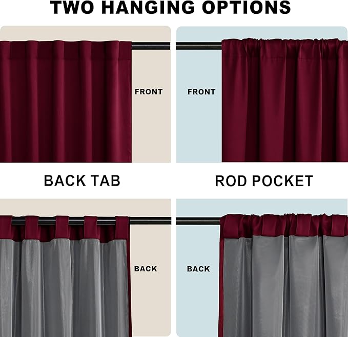 XWZO Full Shading Blackout Curtains 63 Inches Length - Heat and Light Blocking Rod Pocket & Back Tab Window Drapes with Black Liner Backing for Bedroom with Tiebacks, Burgundy, W52 x L63, Set of 2