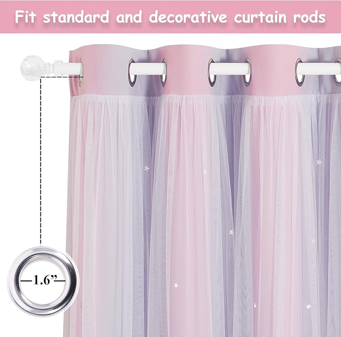 NICETOWN Nursery Room Darkening Rainbow Curtains for Bedroom Hollow-Out Star Window Drapes Curtain 84 inches Length for Living Room (Pink Purple, W52 X L84, 1 Pair)