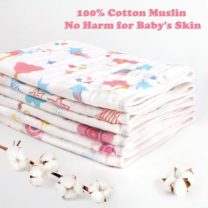 decalsweet Baby Burp Cloths Muslin Washcloths 6 Pack Muslin Burp Cloths 100% Cotton Large 20''x12'' Soft 6 Layers Baby Burp Rags for Boys Girls Baby Essentials for Newborn Gift Machine Washable