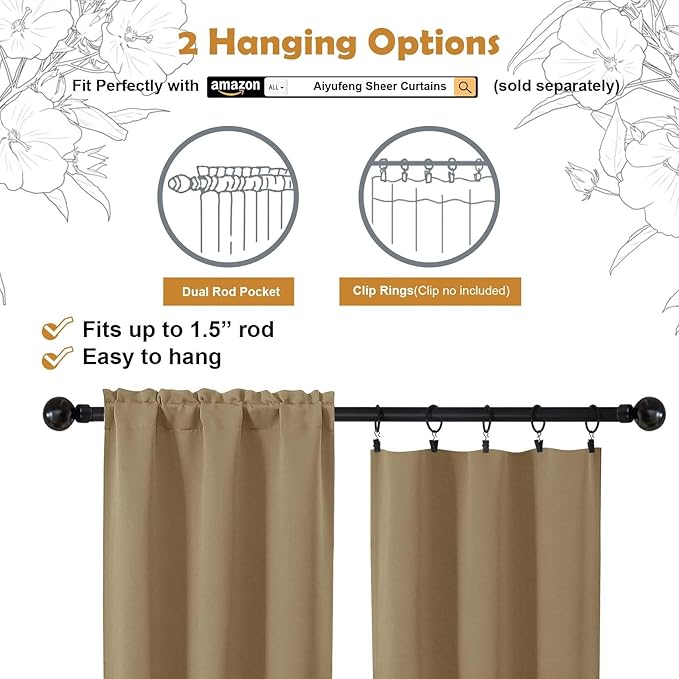 Aiyufeng Taupe Short Blackout Curtains for Bedroom 54 Inches Long 2 Panels Set, Solid Thermal Insulated, Energy Saving Window Treatment Curtains Blackout Drapes, W40 x L54 Inch, Taupe