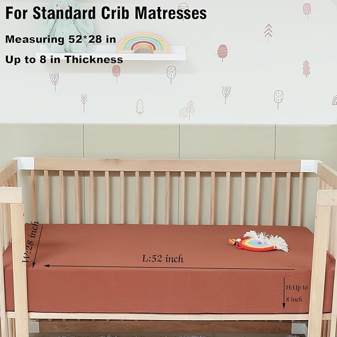Breathable Muslin Crib Sheets for Boys 2 Pack Organic Cotton Crib Sheets Neutral for Baby Girls Soft Sheets Fitted Toddler Bed&Standard Crib Mattress 28"x 52"(Brown&Rainbow)
