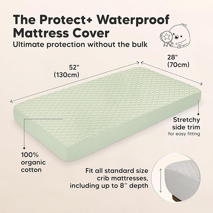 2-Pack Waterproof Crib Mattress Protector Cover Fitted - Quiet Baby Crib Mattress Pad Sheets, 52" x 28" Soft Quilted Cotton Baby Sheet, Machine Washable, Easy Fit, Durablee (Sage/Mavy)