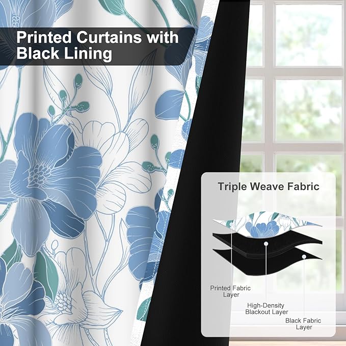 Blackout Curtains 84 inch Length 2 Panels Set, Blue Floral Printed Grommet Thermal Privacy Black Out Curtains for Bedroom with Black Liner, Light Filtering Window Curtains for Living Room and Nursery