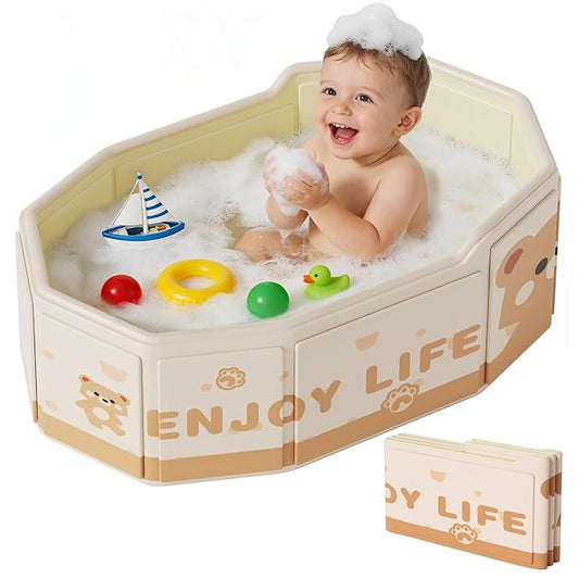 Collapsible Baby Bathtub for Shower, Portable Foldable Toddler Bath Tub with Non-Slip Base, Compact Travel Essentials for Kids & Infants, Easy Storage in Small Spaces, Brown