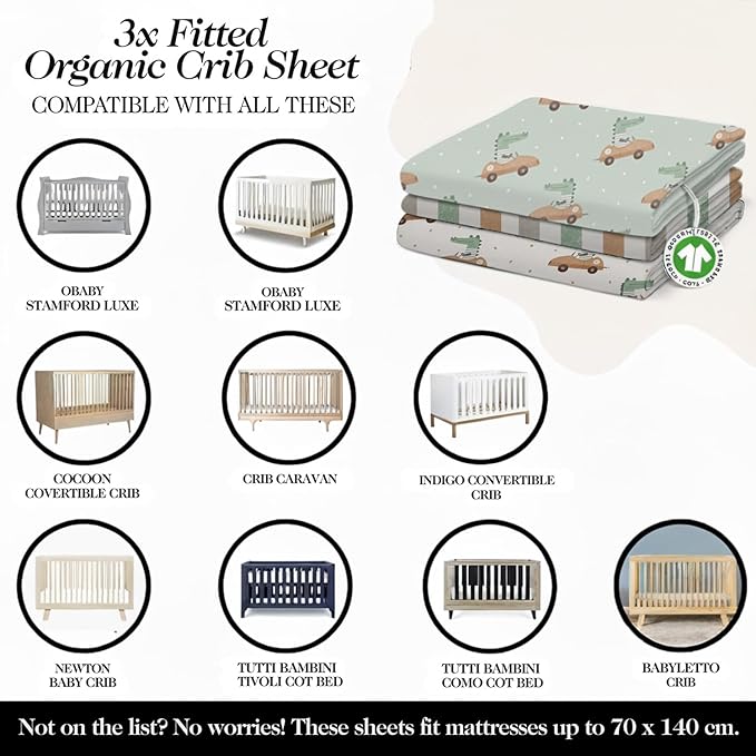 100% Organic Cotton Crib Sheets (3-Pack) - GOTS Certified - Breathable Organic Crib Sheets - Double-Elastic for Secure Fit, Extra Protection for Your Baby - Gender-Neutral Sheet (28"x55")/ 140 x 70cm