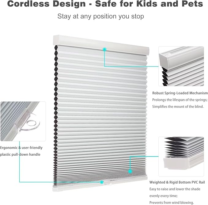 MYshade Cordless Blackout Cellular Shades for Windows, Honeycomb Window Shades with Thermal Insulation, Child & Pet Safe Room Darkening Shade, Easy Install, 37" W x 64" H, White