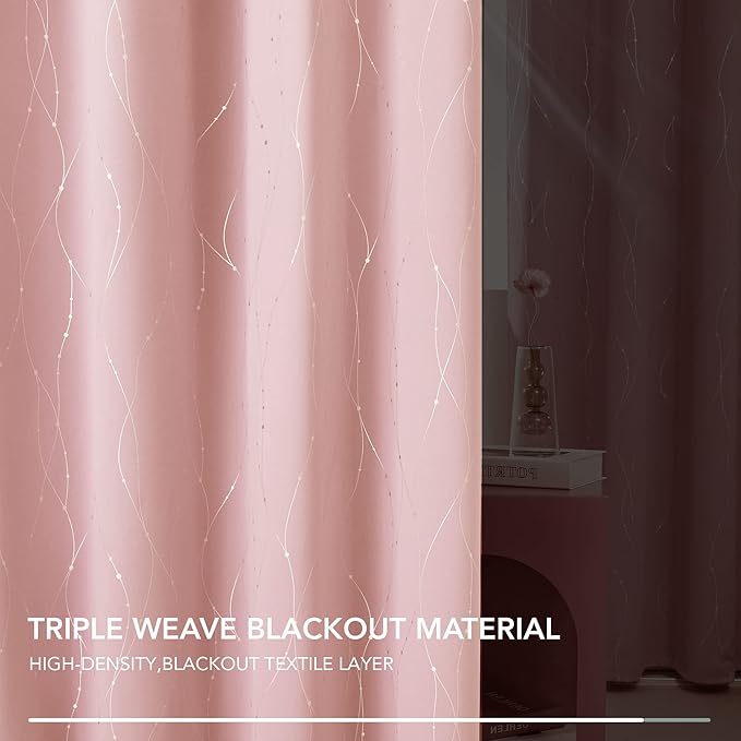Deconovo Pink Curtains, Blackout Drapes, Thermal Insulated Soundproof Curtain, Silver Wave Dots Print, 52 x 45 Inch Long, Machine Washable Window Panels for Girls Bedroom Living Room Nursery, Set of 2